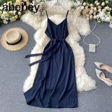 Style Sexy V-neck Slit long Dress Women's Summer elegant Plain Lace-up Waist Dress Office