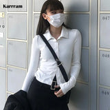 Korean Fashion White Shirts Preppy Style Ribbed Shirts Vintage Solid Long Sleeve Lapel Blouses Sexy Slim Streetwear
