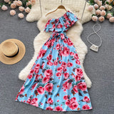 Irregular Ruffled Floral Print Dress Sashes Women Summer 2022 Vacation Slim Fashion Sexy Ladies A Line Long