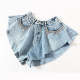 New Station Styling Lotus Leaves Side Hem Wide Legs Denim Shorts Hot Pants Fake Skirts