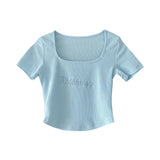 Toloer Letter Embroidered Slim Bottom Shirt Square Collar Low Breast Collarbone Short-Sleeve T-Shirt Midcrop High Waist