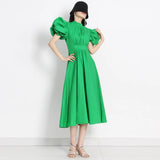 Loose Casual Dress For Women Round Neck Puff Sleeve High Waist Solid Minimalist Midi Dresses Female Summer
