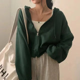 Solid Color Oversized Crop Zip Up Hoodie-Outfit