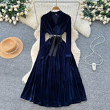 Light Luxury Famous Woman High-End Sense V Collar Long Sleeve Strap To Close The Waist Velvet Dress Women Autumn And Winter Lanky