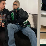 Baseball Bomber Jacket Women Hip Hop Letter Patchwork PU Leather Streetwear Autumn 2021 College Oversized Coats Varsity