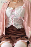 Y2K Kawaii Lace Corset Women Transparent Mesh Patchwork Camisoles Bandage Ruffle Crop Top Party Japanese Tank Top