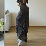 Toloer Hottie Vintage Tie Multi-Pocket Cargo Pants Female Low Waist Loose Straight Pleated Spindle Pants-Outfit