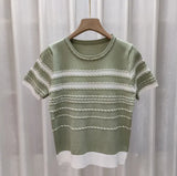Version Of Chic Summer Small Casual Round-Coln Color Three-Dimensional Stripe Design Sense Loose Short-Sleeved Knitted T-Shirt