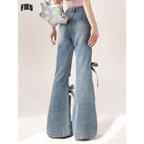 Mm Large Street Hottie Bow Trumpet Micro-Tight Jeans Girl Retro Hollow Horn Long