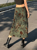 Mesh Lining Vintage Floral Midi Skirt-Outfit