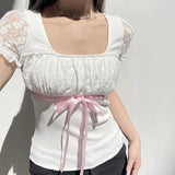 Ribbon Bowknot Lace Patchwork Tee-Outfit