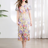 Banquet Famous Wind V-Neck Short-Sleeved Body-Brace Three-Dimensional Flower Lace Dress 2025