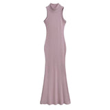 Trendy Women's Dress Is Full Of Style, Elastic, Slim, Half-High Collar, Sleeveless Vest, Long Skirt, Buttocks, Fishtail Dress-Outfit