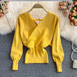 Women Design Knitted Pullovers Fashion Batwing Sleeve V Neck Elastic Slim Tops Autumn Korean Streetwear Knit