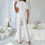 Gly Women's Pajamas Autumn And Winter Sexy V-Neck Lace Cherries Printed T-Shirts Trousers