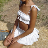 White Ruched Bandeau Top And Mini Skirt Set-Outfit