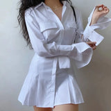Casual Dress Shirt Women Elegant Turn-down Collar Long Sleeve High Waist Basic White Mini Dress Sexy Outfits for