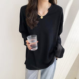 Concave Collar Long-Sleeved T-Shirt Female Spring And Autumn 2023 The New Korean Version Of Loose V-Neck Cotton Bottomed Shirt-Outfit