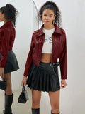 Women's 2025 New Leather Coat Short Small Coat Retro Zipper PU Casual Motorcycle Suit Leather Jacket-Outfit