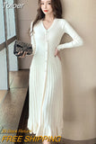 Korean Vintage V-Neck Single-breasted Long Sleeve Elasticity Midi Dress Women Casual Bodycon Skinny Knitted Ruffle