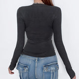Lace Splice Crossover Long Sleeve Knit Tee-Outfit