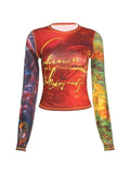 Patchwork Printed Mesh Long Sleeve Crop Top-Outfit