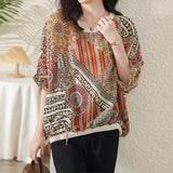 Women's Fashion Casual Temperament Street Thin Chiffon Half Sleeve Shirt Retro Printed Bat Sleeve Loose Comfortable Top-Outfit