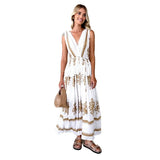 Summer New Positioning Print V-Neck Waist Swing Dress Ladies