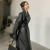 Lautaro Long oversized leather trench coat for women long sleeve lapel loose fit Fall Stylish black women clothing