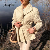 Simplee Long straight winter coat with rhombus pattern Casual sashes women parkas Deep pockets tailored collar stylish