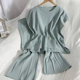 New Solid Color Round-Neck Sleeveless Vest Knitted Nine-Piece Trousers Set Thin Ice Silk Two-Piece