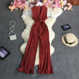 New Summer Fashion turn down collar sleeveless off shoulder Jumpsuit high waist lace up casual wide leg pleated