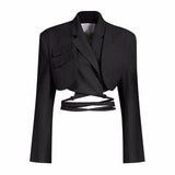 Double Layer Lace Up Coat Blazer Slim Women Gray Long Sleeve Pocket Short Jacket Suit Collar Female Outwear Clothes