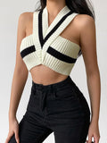 Spring White V-neck Sleeveless Stripes Crop Top