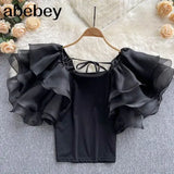Summer New Japanese Style Korean Fashion Women's Blouse Casual Retro Solid Color Round Neck Flying Sleeves