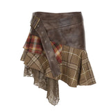 Cloth Forgets The Stray Girl Wasteland Wind Wearing A Check-And-Dress Splicing Skirt Retro V-Shaped Waist Lace