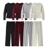 Double-Sided Cloth Body Round-Neck Long-Sleeved Head-Dressed Tight High-Waisted Straight Trousers Casual Suit