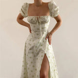 Toloer Women's New Floral Square Collar Sexy Slit Big Swing Autumn And Winter Dress