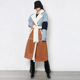 Toloer New Long Denim Splicing Lamb Wool Coat Female Lapel Waist Show Thin Temperament Fashion Coat-Outfit