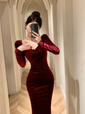 Autumn Winter Dresses Women Elegant Sexy Square Collar Slim Long Sleeve Vintage Velvet Dress Female French Style Chic-Outfit