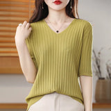 Toloer The Summer Of 2024, Women's Knit Short Sleeve Korean V-Neck Solid Color T-Shirt And A Pit Top-Outfit