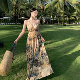 Toloer Retro Halter Dress Female V Collar Small Back Hollow Show Thin Holiday Fairy Skirt
