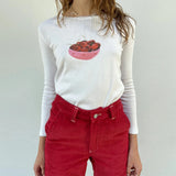 Women's Y2K Vintage Retro Long Sleeve Cherry/Cake Print Crew Neck Spring Fall Slim Fit Tops Aesthetic Grunge T-Shirts-Outfit