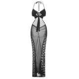 Women Lace See Through Long Dress Summer Clothes Sleeveless Halter Hollow Lace Floral Dress Sexy Club-Outfit