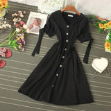 Single Breasted Women Vintage Dress Summer Short Puff Sleeve A-line Vestidos Casual Sexy V-neck Purple/White Dresses