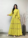 Gentle Style Dress Spring Dress Design Hollow Lace Splicing Bubble Sleeve Dress Holiday