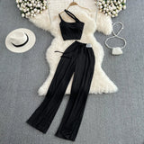 Toloer Suit Women's Wide Leg Pants Women's High Waist Down Loose Straight Leg Casual Pants Two Polyester Diagonal Collar Average Size Vest