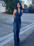 Halter Neck Denim Jumpsuit-Outfit