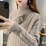 Winter Women's Turtleneck Pullover Solid Button Flocking Long Sleeve Screw Thread Sweater Knitted Casual Elegant Tops-Outfit