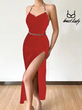 New Sexy Slim, Bare-Back Forked Dress, Fashionable Hot Girl Chain Dress-Outfit